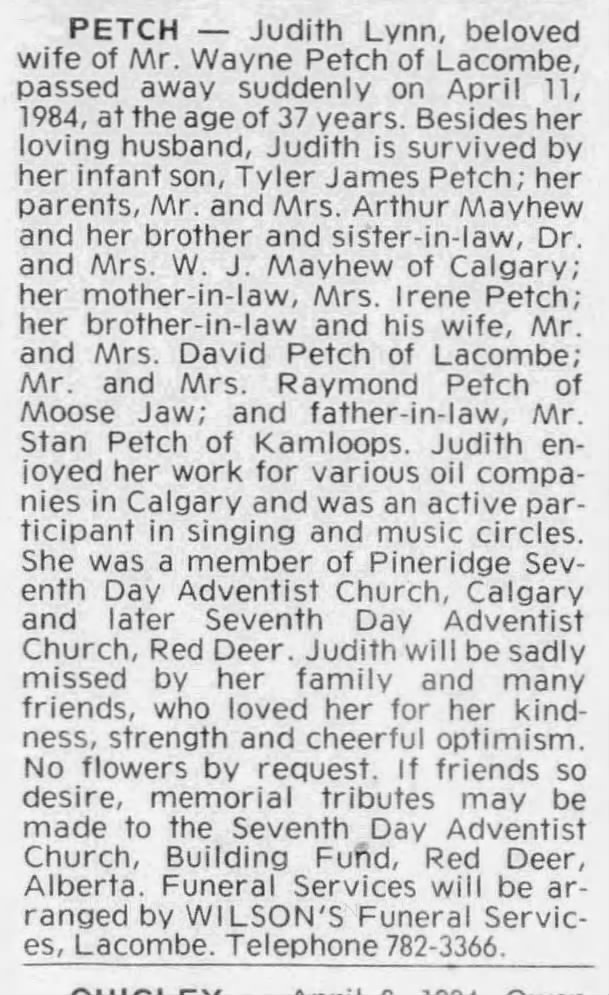 Obituary: Judith Lynn Petch nee Mayhew