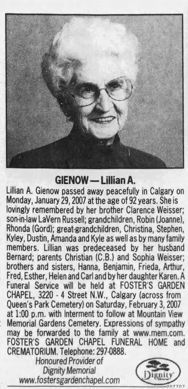 Obituary: Lillian A. Gienow nee Weisser