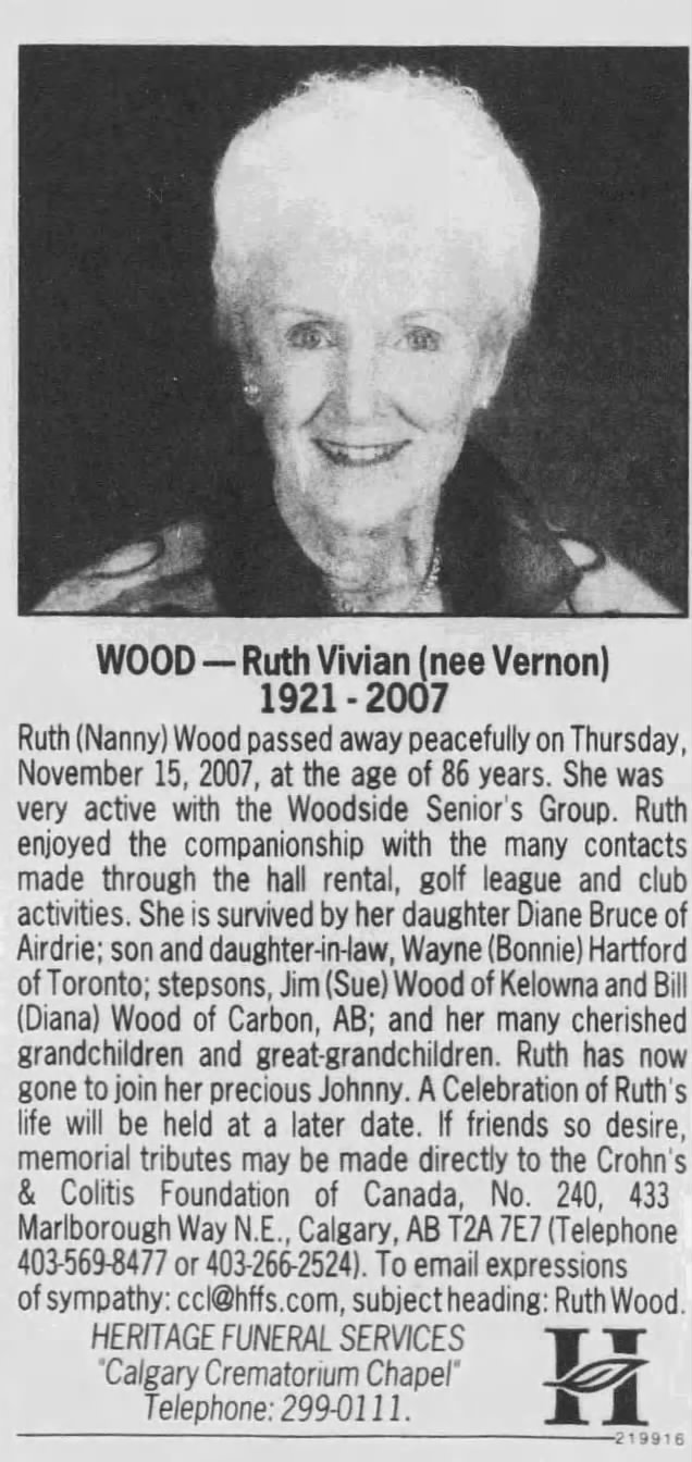Obituary: Ruth Vivian WOOD nee Vernon (Aged 86)