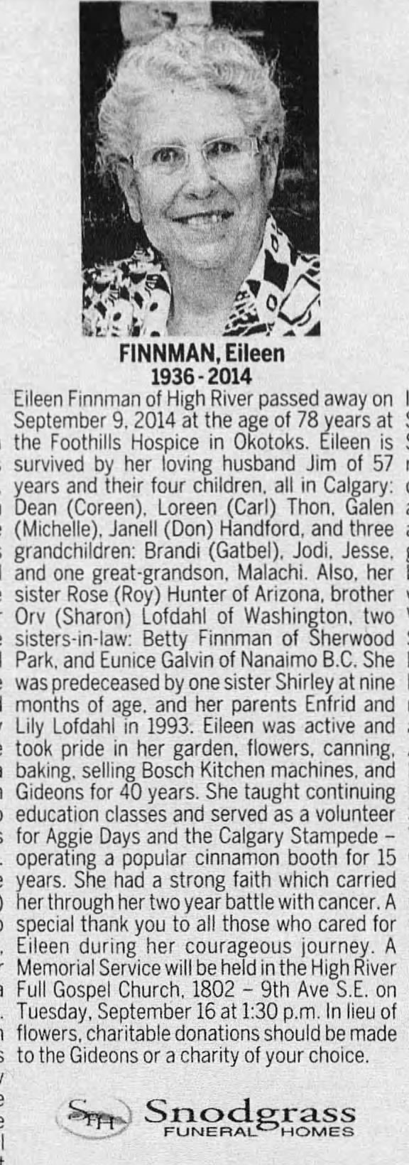Obituary: Eileen Finnman nee Lofdahl (Aged 78)