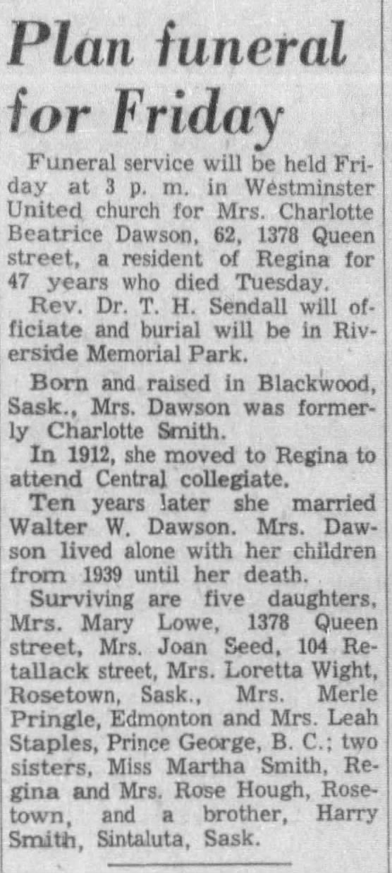 Obituary: Charlotte Beatrice Dawson nee Smith