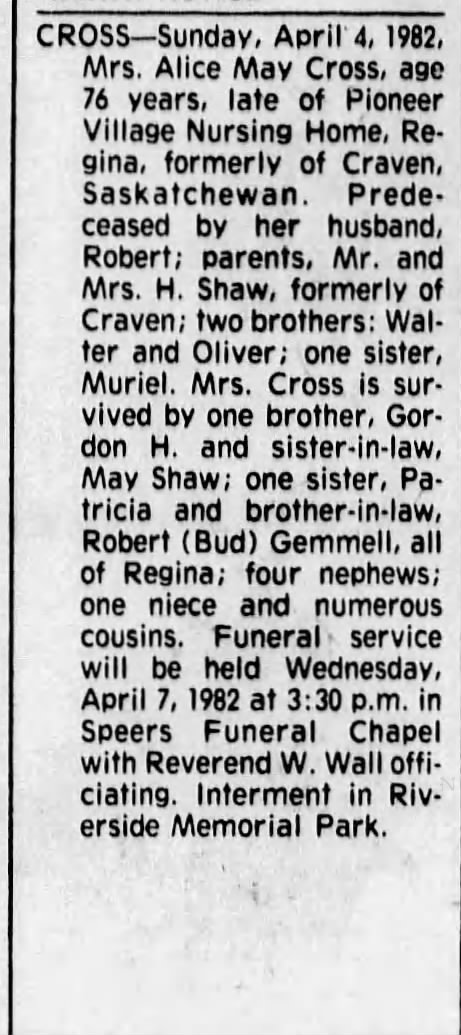 Obituary: Alice May CROSS nee Shaw (Aged 76)