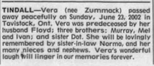 Obituary: Vera Tindall née Zummack