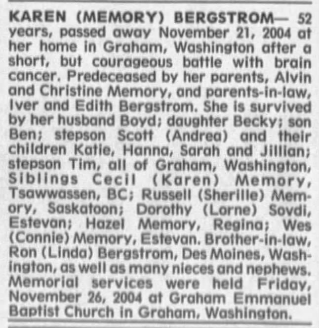 Obituary: Karen BERGSTROM nee Memory (Aged 52)