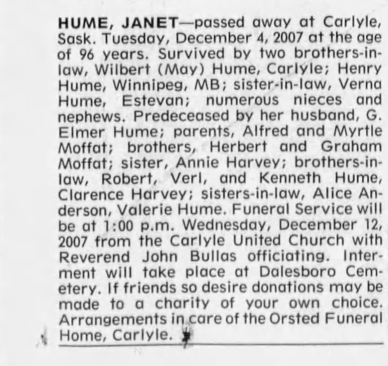 Obituary for JANET HUME (Aged 96)