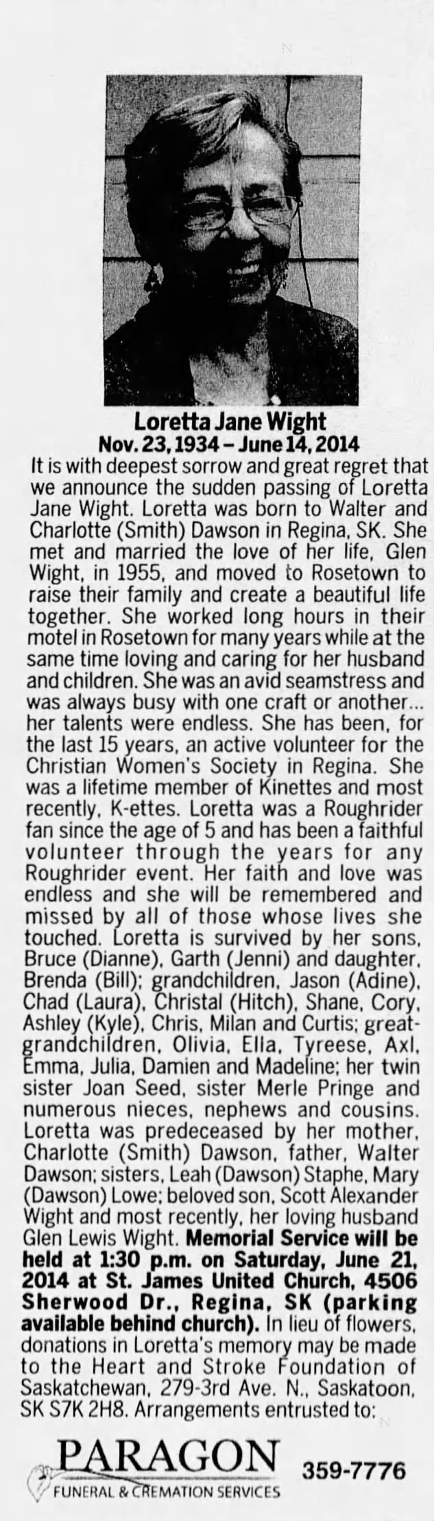 Obituary: Loretta Jane Wight née Dawson