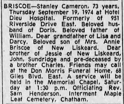 Obituary: Stanley Cameron BRISCOE 