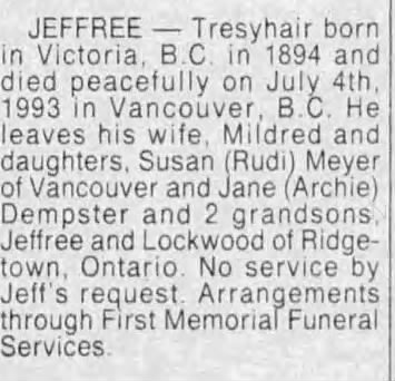 Obituary: JEFFREE Tresyhair, 1894-1993