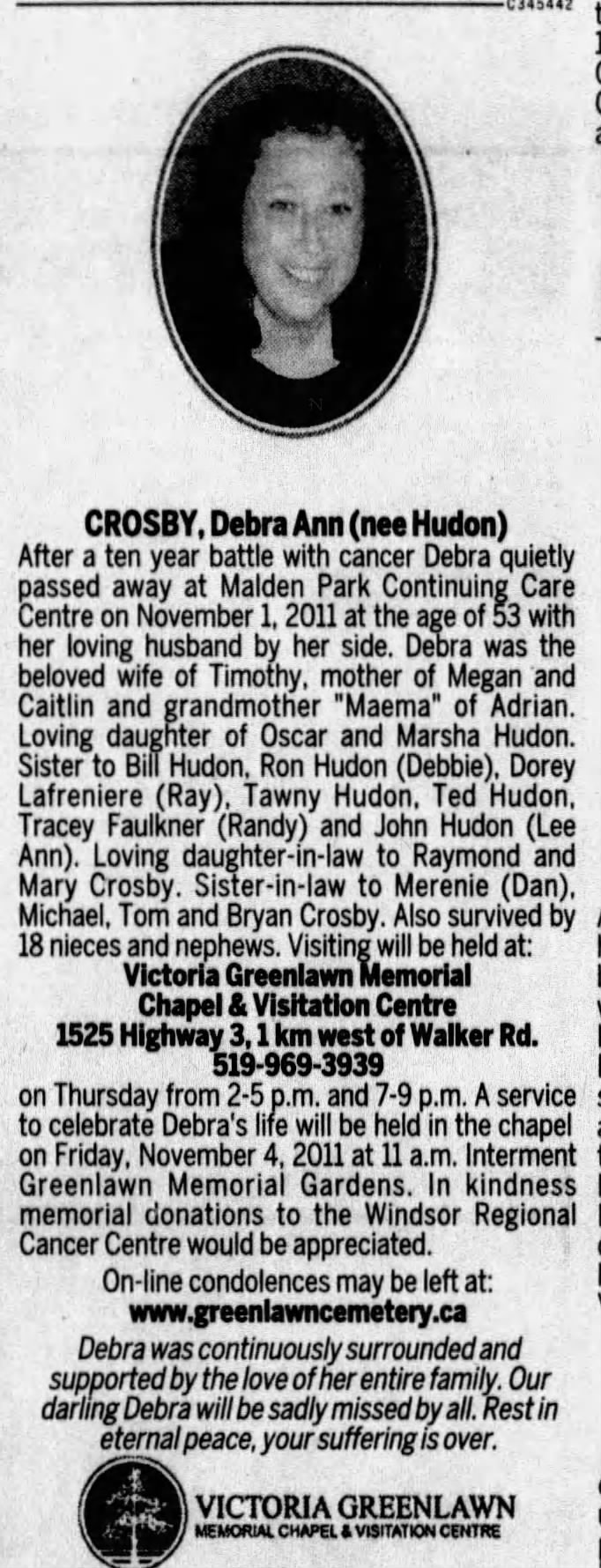 Obituary: Debra Ann Crosby née Hudon