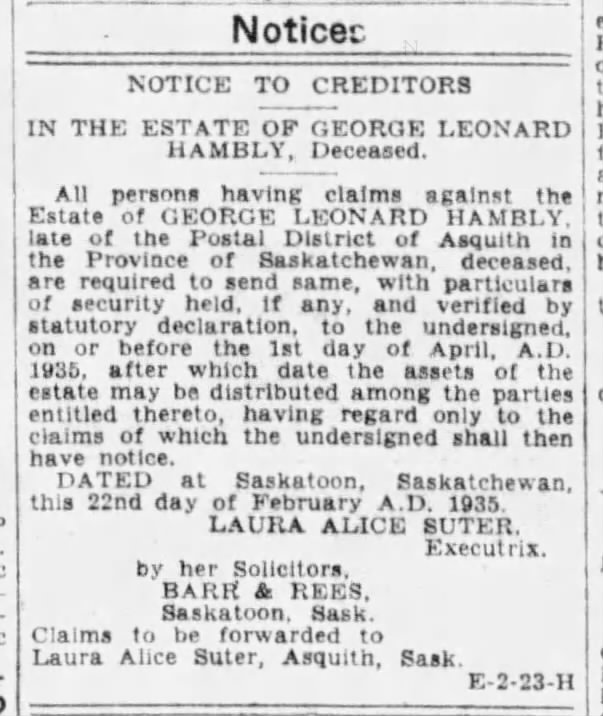 Notice: Estate of George Hambly