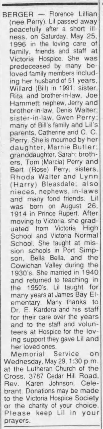 Obituary: Florence Lillian BERGER nee Perry, 1914-1996