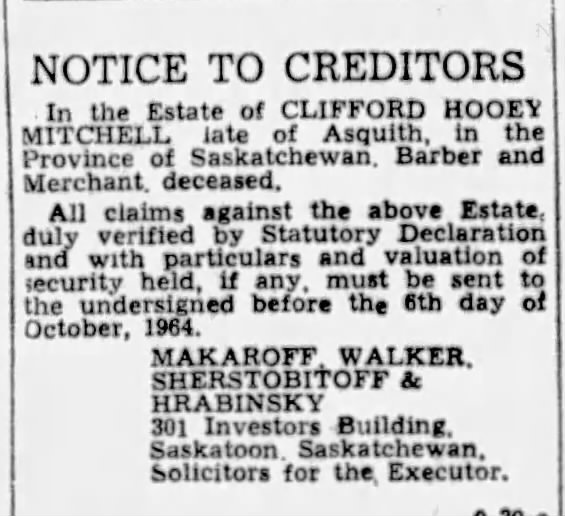 Notice to Creditors: Estate of Clifford Hooey Mitchell