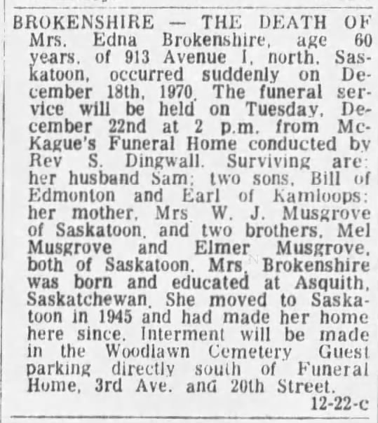 Obituary: Edna Brokenshire née Musgrove