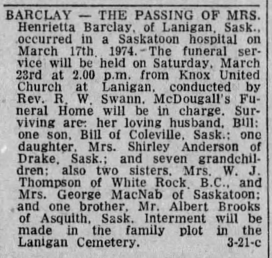 Obituary: Henrietta BARCLAY