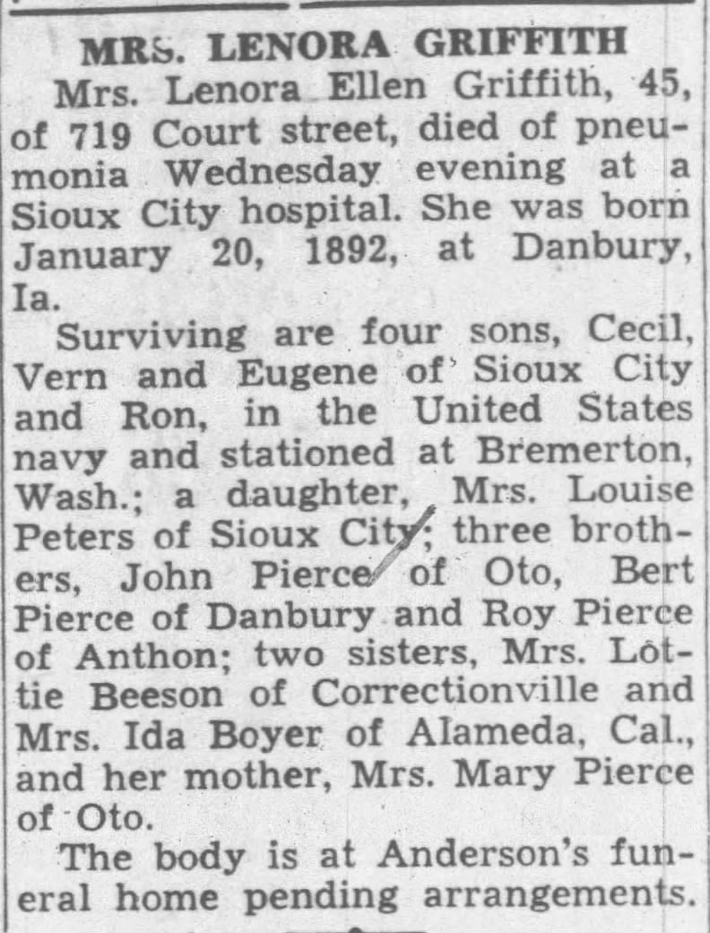 Obituary: Lenora GRIFFITH nee Pierce (Aged 45)
