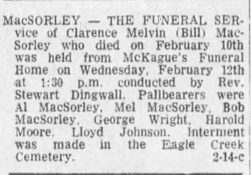 Funeral: Clarence Melvin (Bill) MacSorley