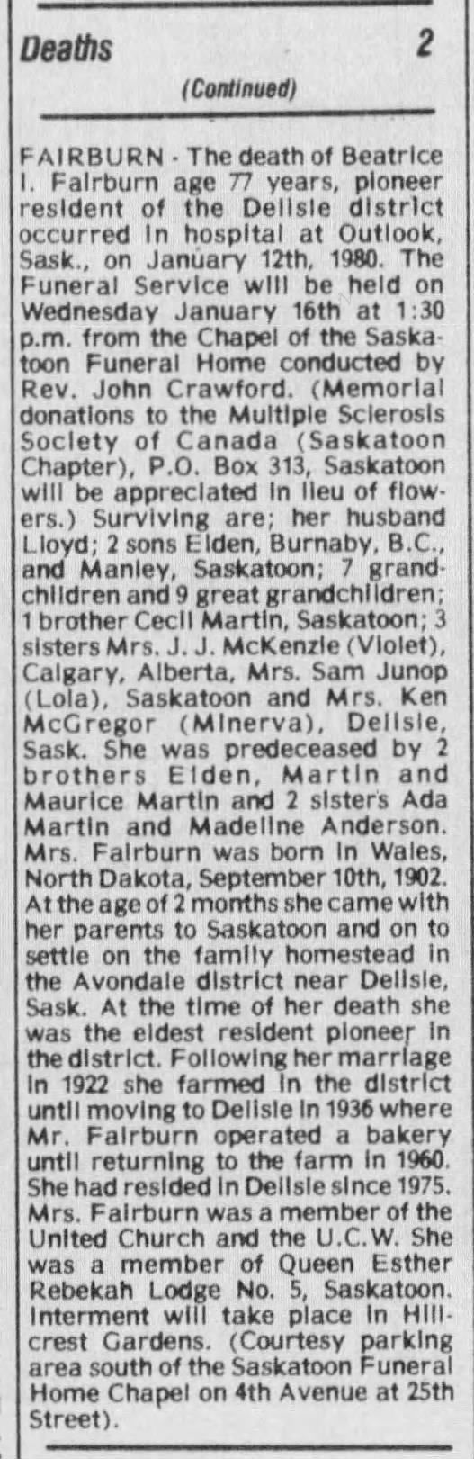 Obituary: Beatrice I. Fairburn née Martin