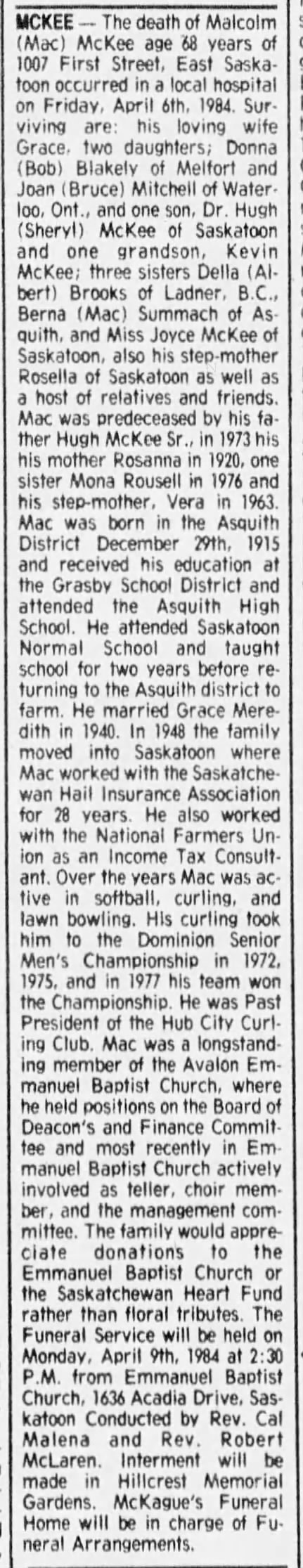 Obituary: Malcolm (Mac) McKee