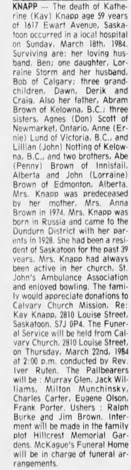 Obituary: Katherine (Kay) Knapp nee Brown