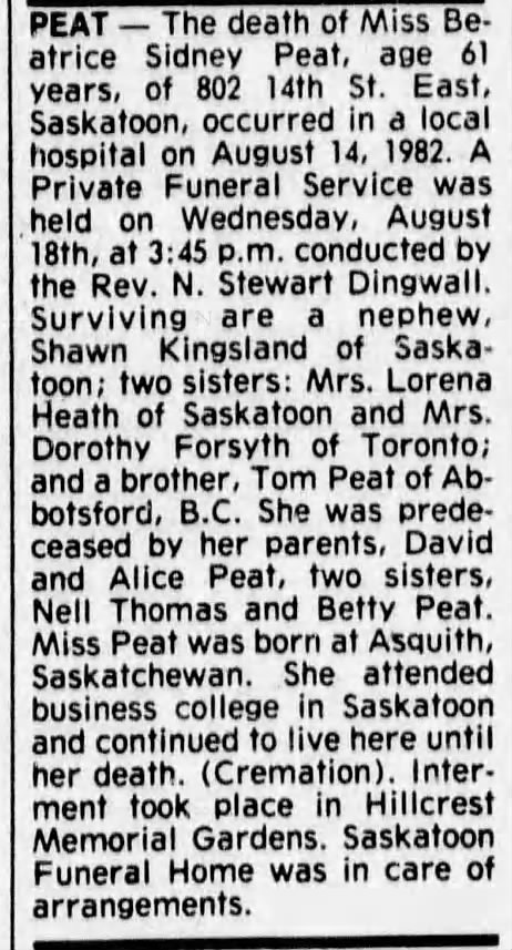 Obituary: Beatrice Sidney PEAT
