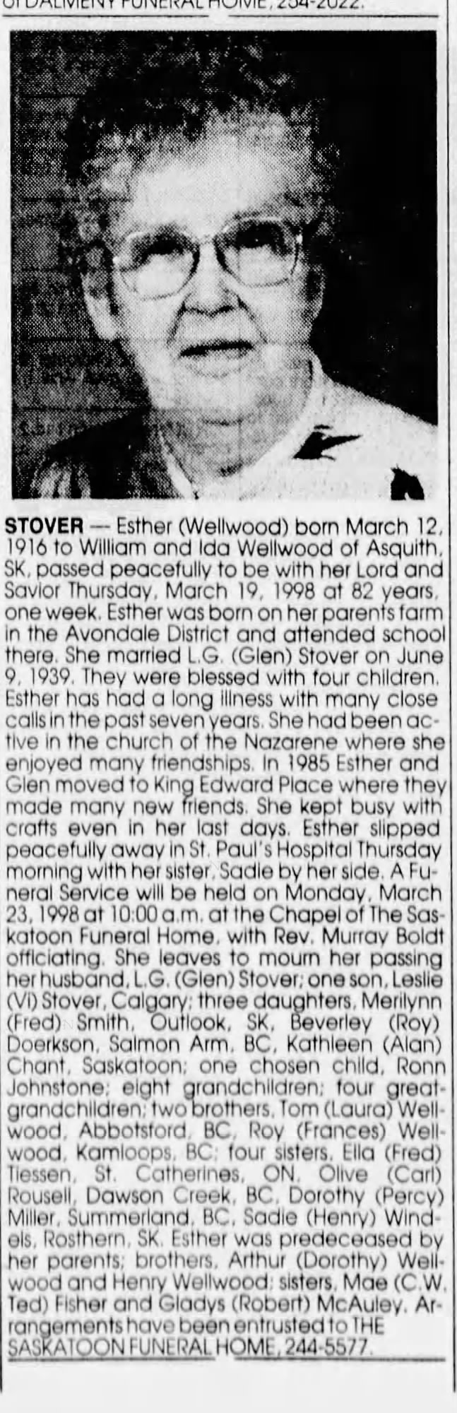 Obituary: Esther STOVER nee Wellwood, 1916-1998 (Aged 82)