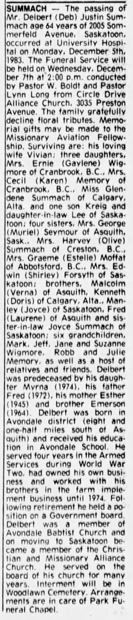 Obituary: Summach, Delbert (Deb) Justin