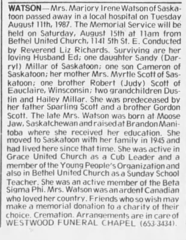 Obituary: Marjory Irene WATSON nee Scott