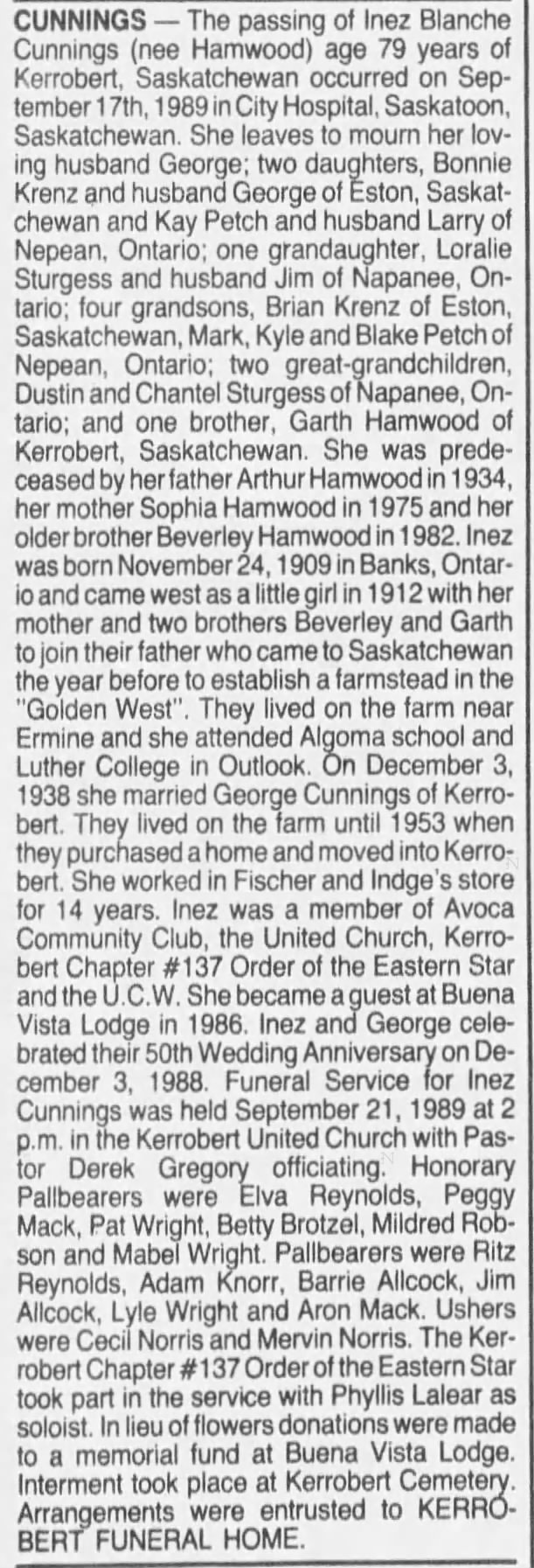 Obituary: Inez Blanche Cunnings née Hamwood