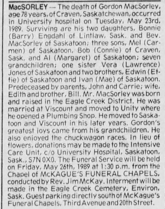Obituary: Gordon MacSORLEY (Aged 78)