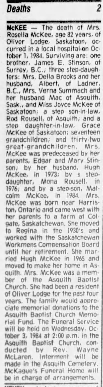 Obituary: Rosella McKee née Stinson