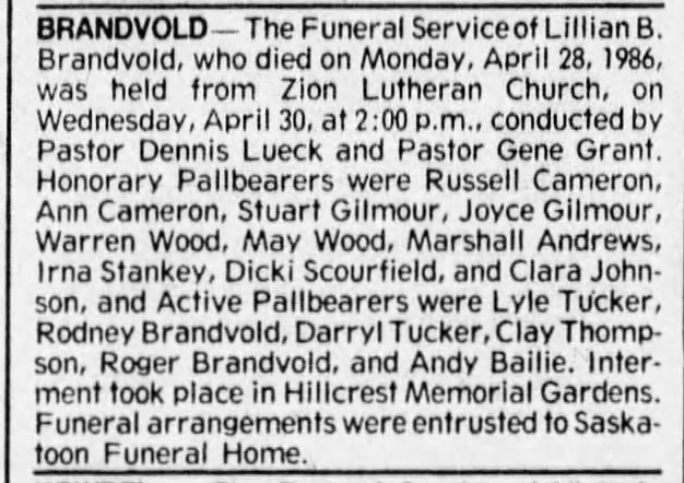 Funeral: Lillian B. Brandvold