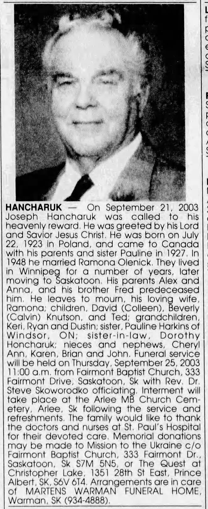 Obituary: Joseph Hancharuk