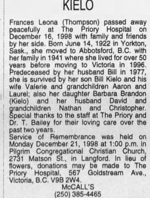 Obituary: Frances Leona KIELO nee Thompson