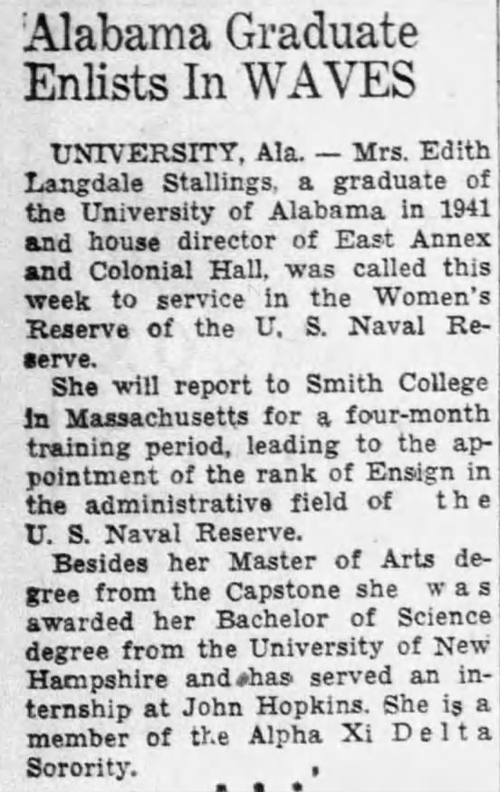 Edith Langdale Stallings to enlist with WAVES