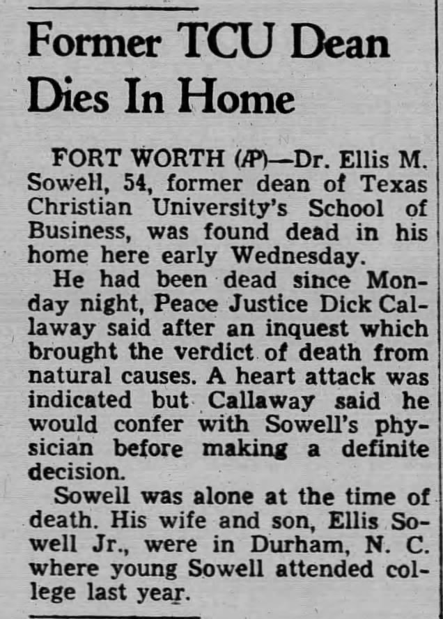 Death of Dr. Ellis M. Sowell (Age 54)