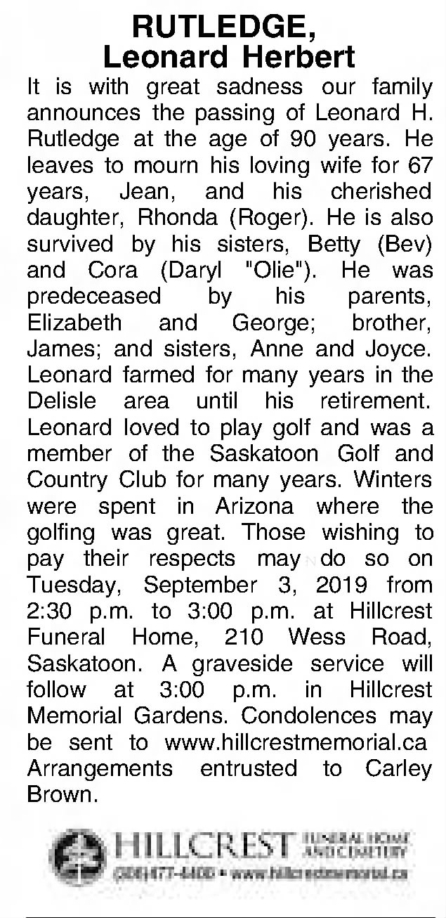 Obituary: Leonard Herbert RUTLEDGE (Aged 90)