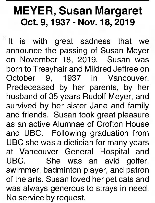 Obituary: Susan Margaret MEYER nee Jeffree, 1937-2019