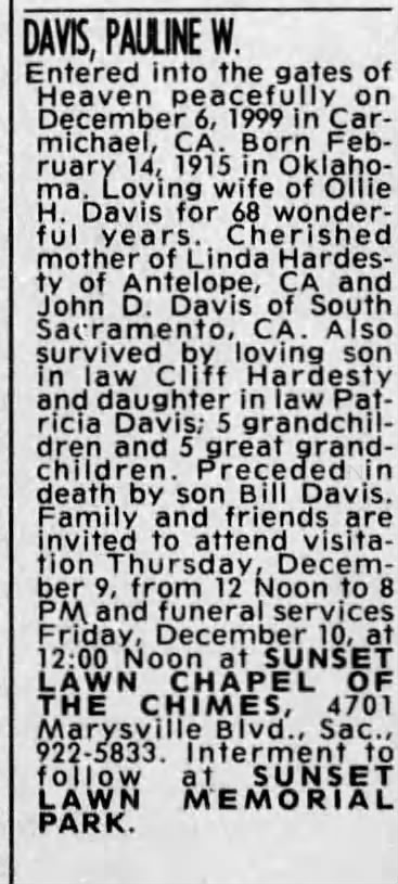Obituary: Pauline W DAVIS, 1915-1999
