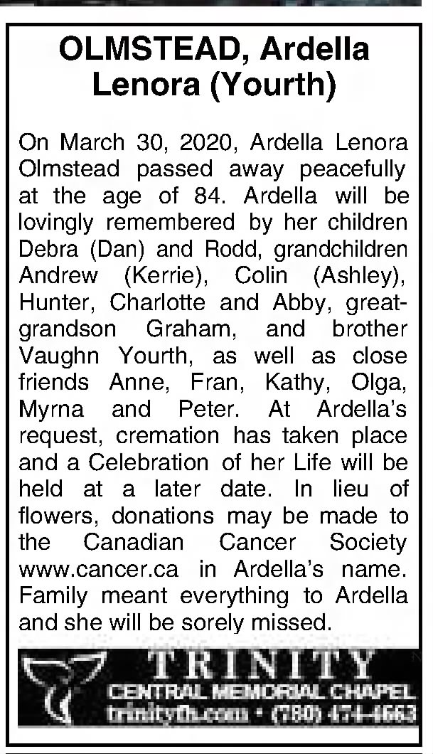 Obituary: Ardella Lenora OLMSTEAD nee Yourth (Aged 84)