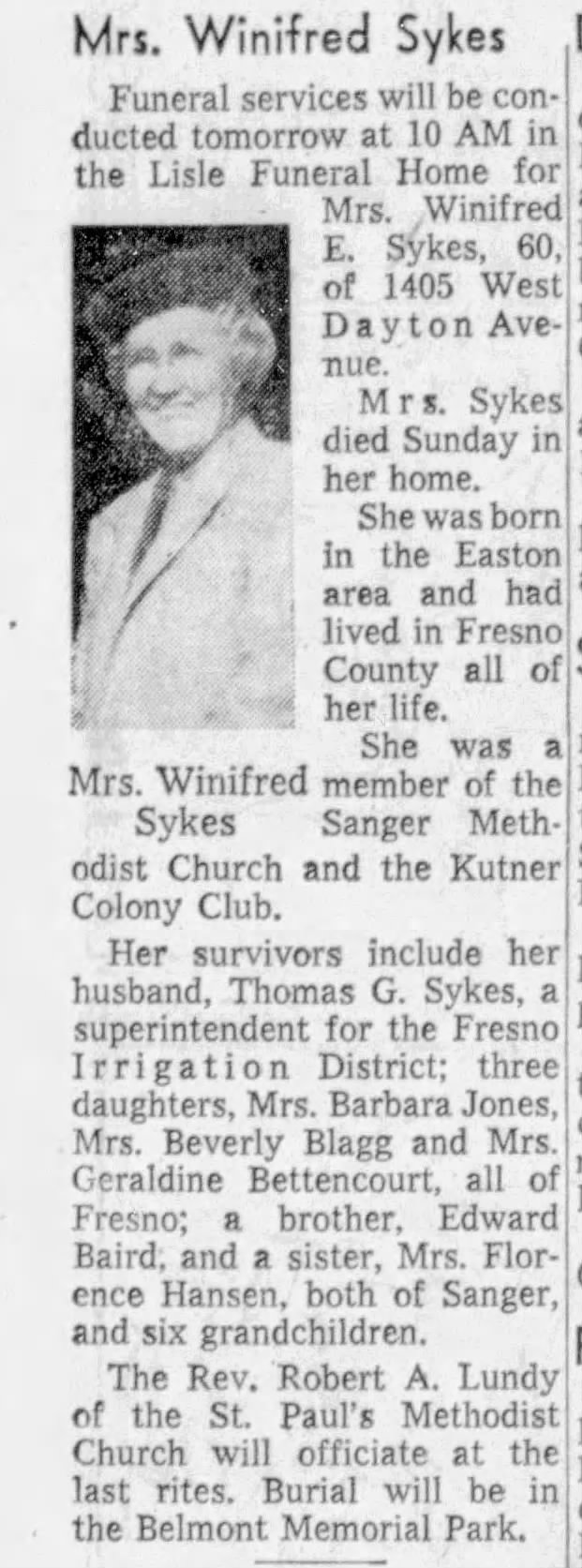 Obituary: Winifred E Syke nee Baird (Aged 60)