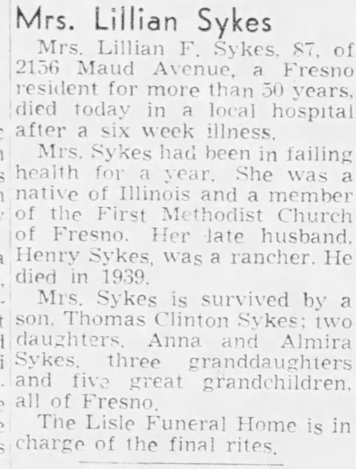 Obituary: Lillian F Sykes (Aged 87)