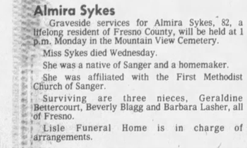 Obituary: Almira Sykes (Aged 82)