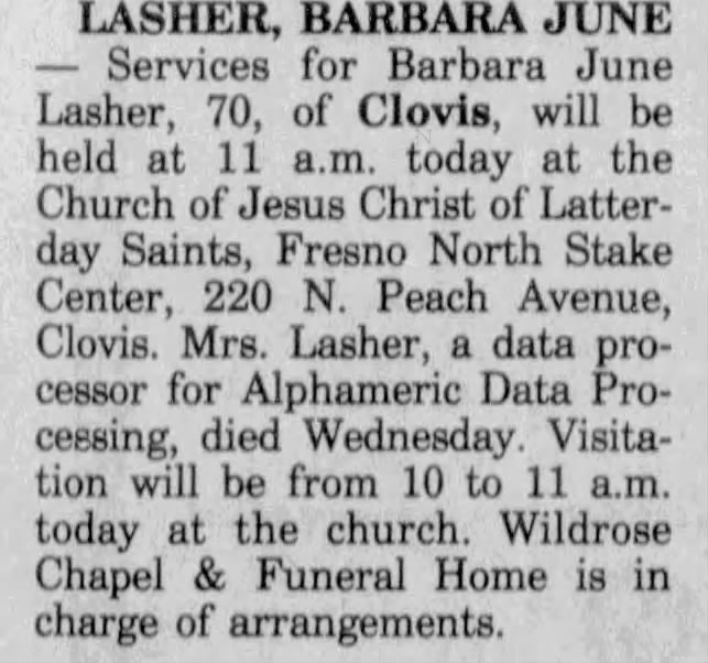 Obituary: Barbara June LASHER (Aged 70)