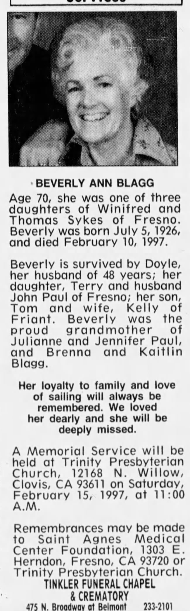 Obituary: Beverly Ann BLAGG, 1926-1997 (Aged 70)