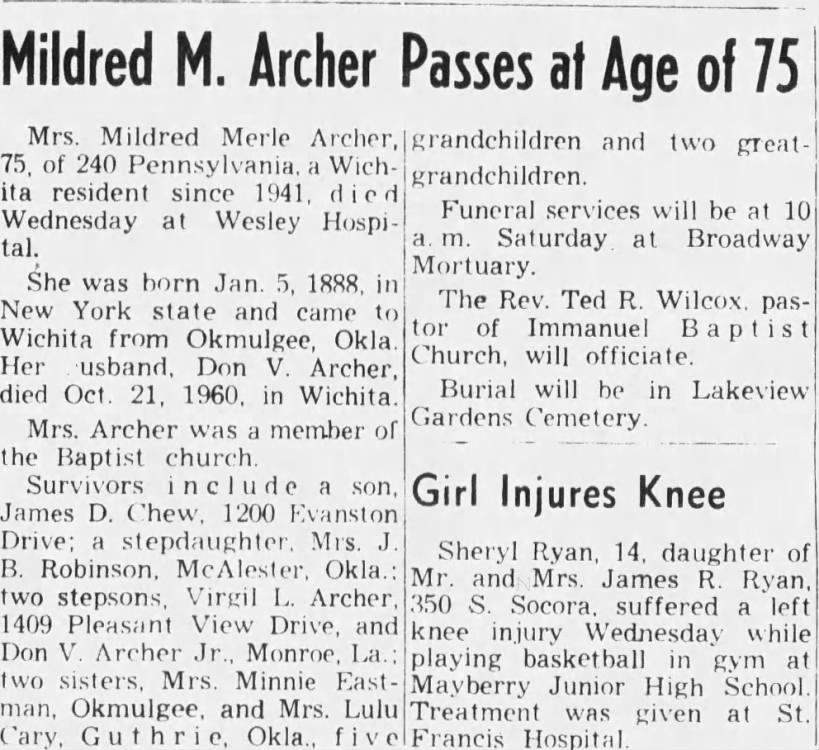 Obituary for Mildred Merle Archer