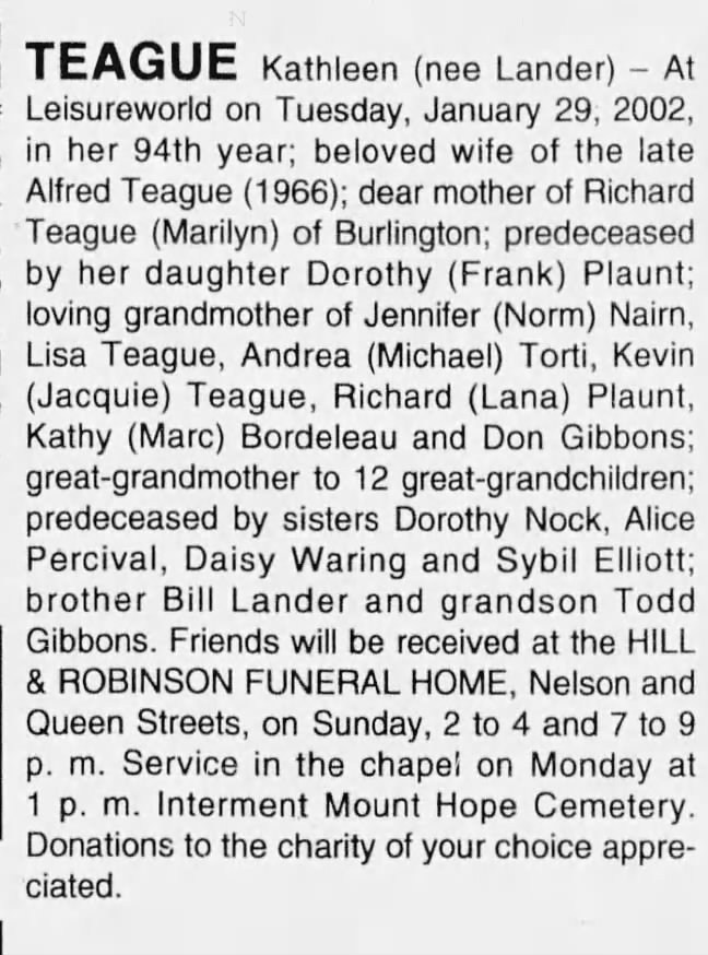 Obituary: Kathleen TEAGUE nee Lander
