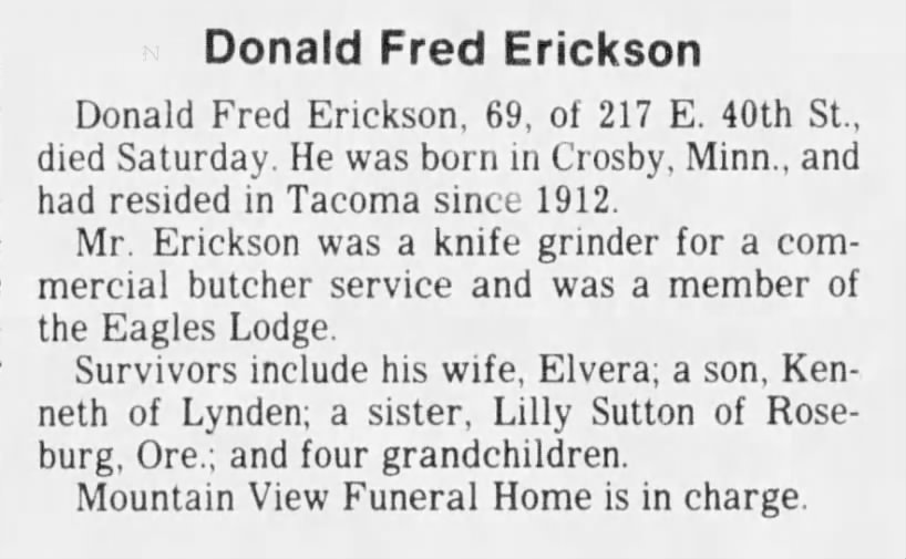 Obituary: Donald Fred Erickson (Aged 69)