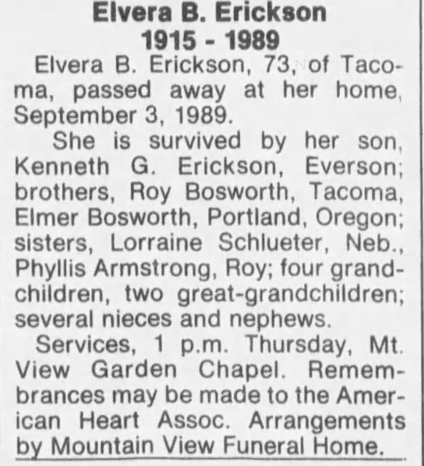 Obituary: Elvera B Erickson, 1915-1989 (Aged 73)
