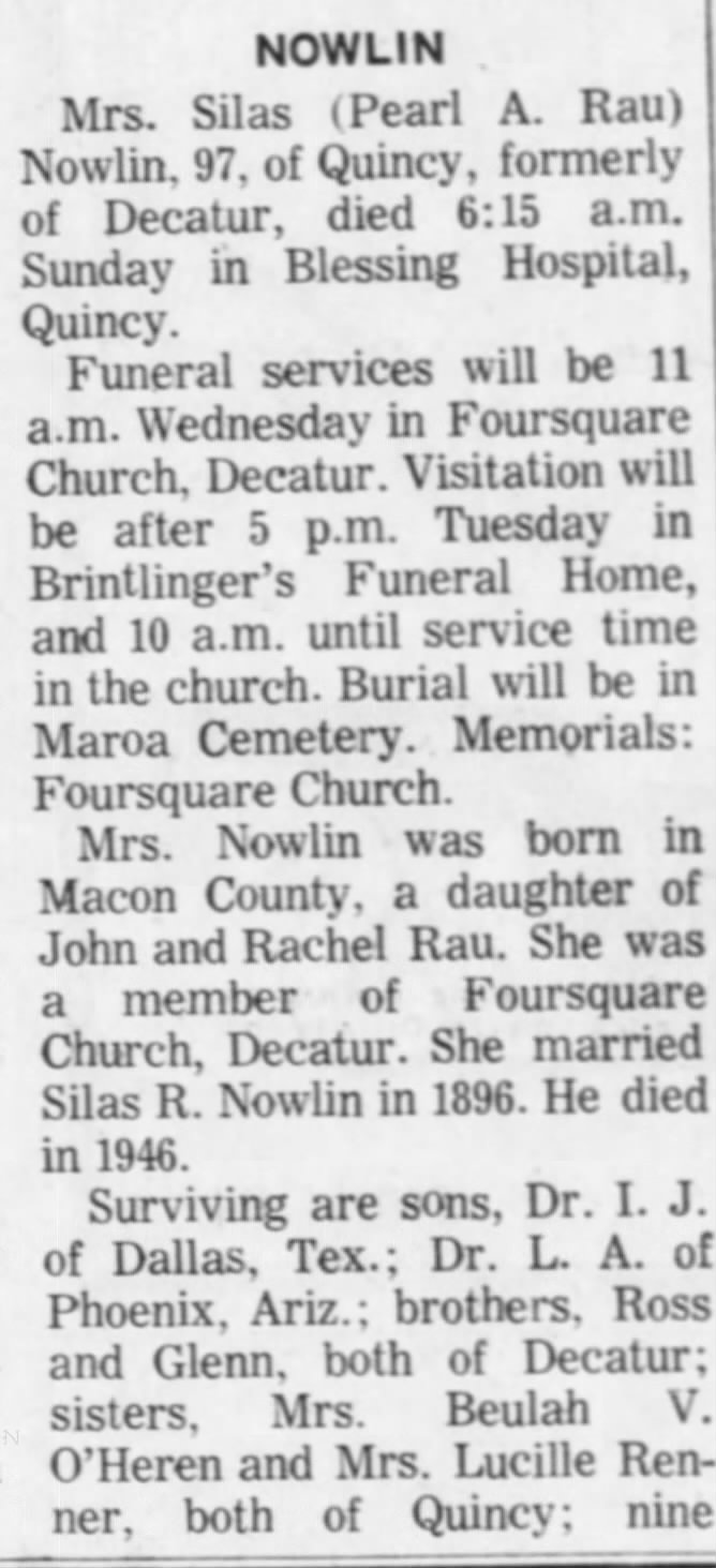 Obituary: Pearl A. NOWLIN nee Rau (Aged 97)