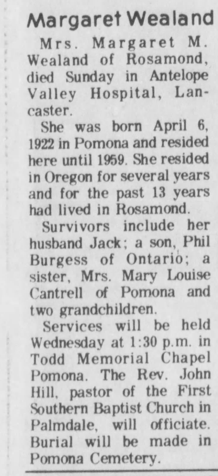 Obituary: Margaret M. Wealand, (1922 - 1977)